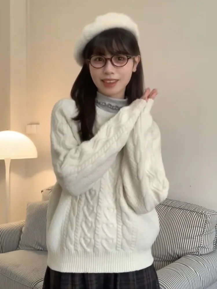 

Свободный круглый вязаный свитер Ne, женский осенне-зимний мягкий ленивый свитер, элитная верхняя одежда, рукоделие, белый цветочный узор