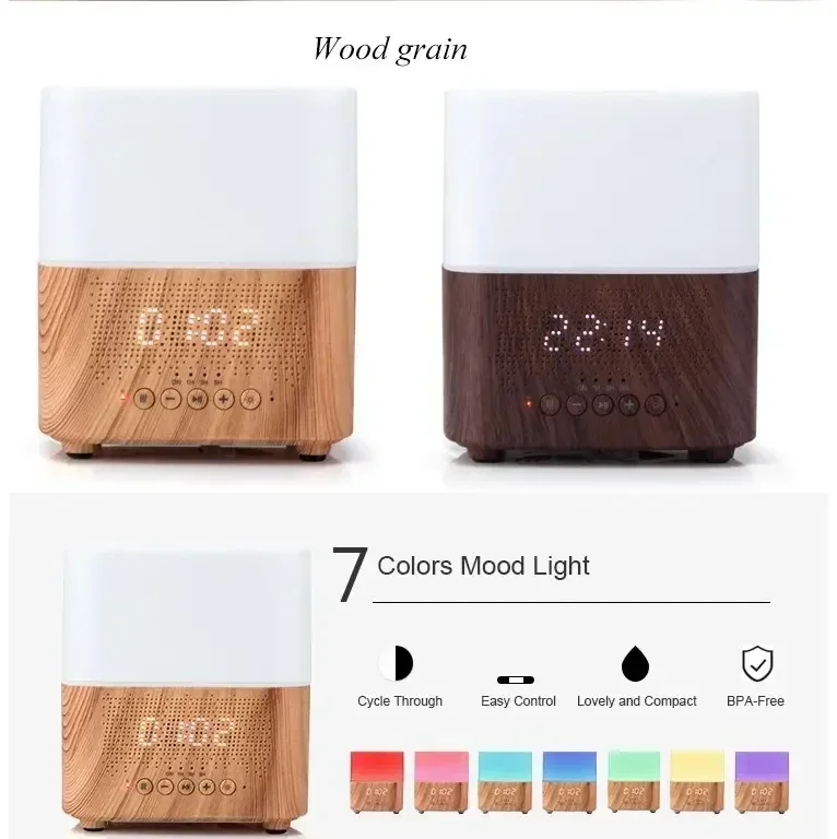 Clock Humidifier Wood Grain Bluetooth Music Essential Oil Diffuser 300ml Fragrant Fresh Scent Difusor 7 LED Lights Mist Maker