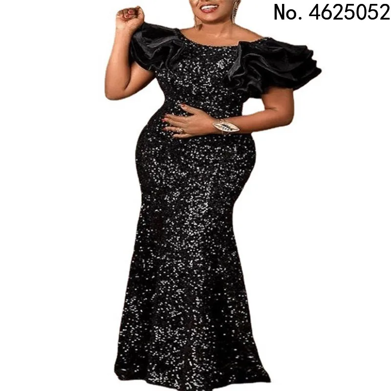 Afrykańskie sukienki dla kobiet 2022, sukienka świąteczna Dashiki Sexy Black Sequin Puff Sleeve Midi Bodycon Dress Party Clothes Robe Femme