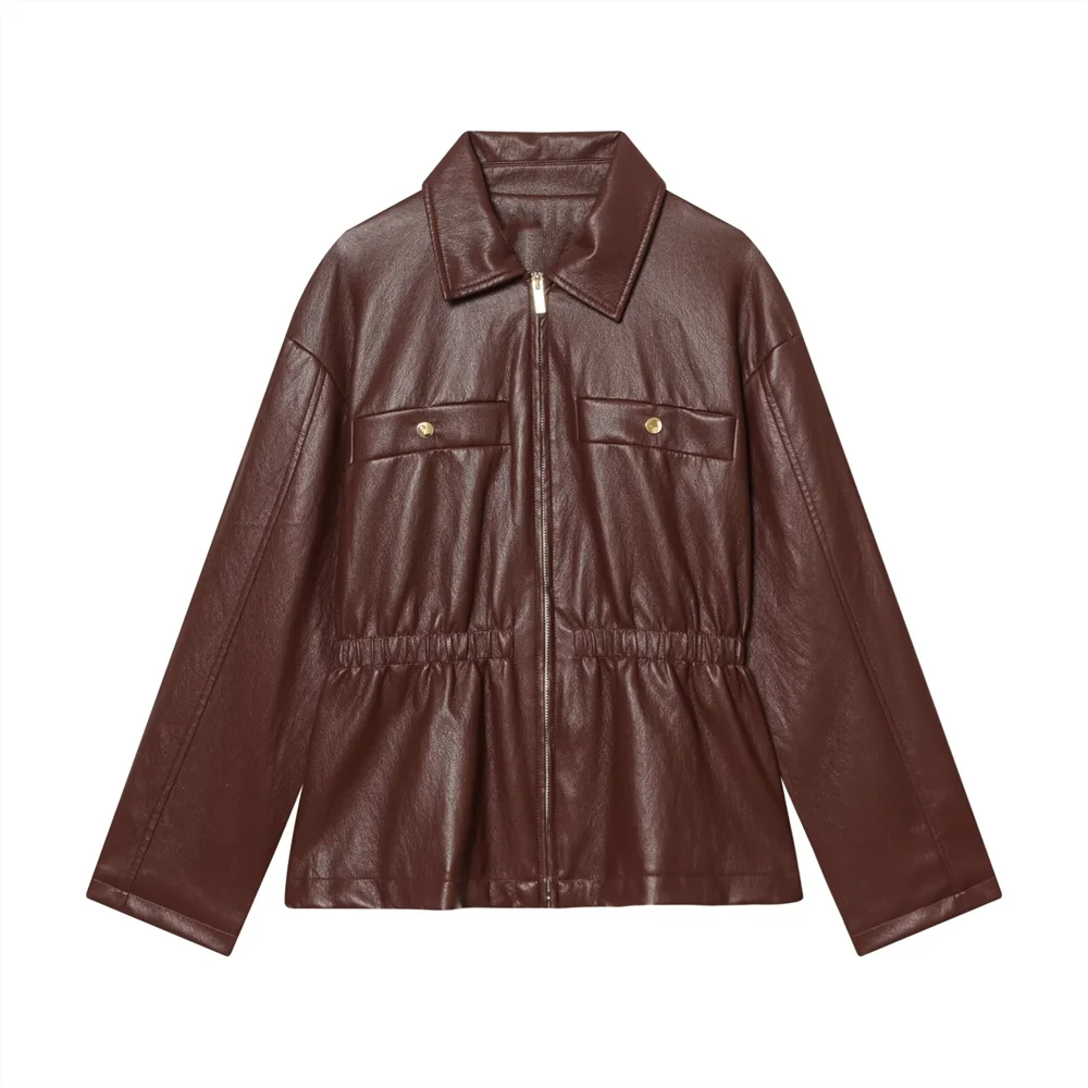 2026 New Women's Fashion Long Sleeve Turn-Down Collar Elastic Waist Synthetic Leather Jacket Short Coat