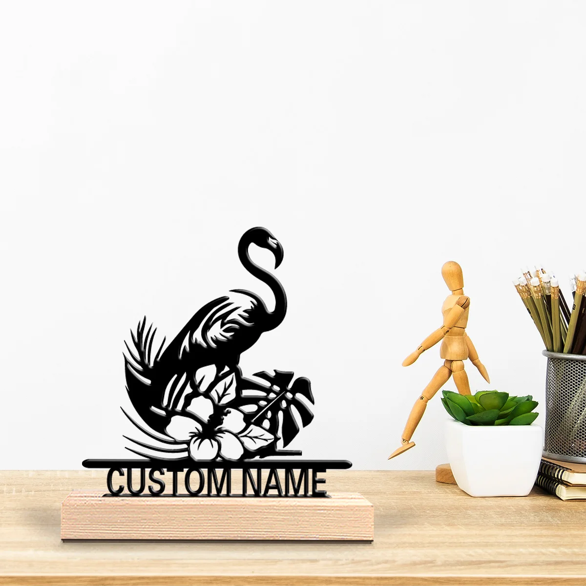 1 pieza de estatua de metal de flamenco personalizada y vibrante para escritorio con base de madera, ideal para hogares eclécticos. Envío global.