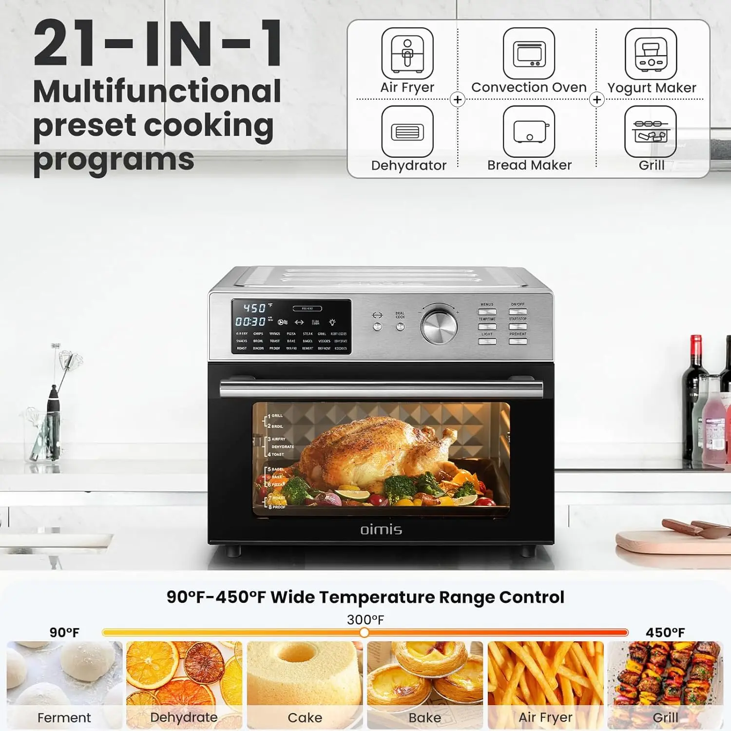 21-in-1 XL Air Fryer Stainless Steel, 32QT Convection Oven Countertop with Dehydrate and Grill. 6 Accessories, Recipes,1800W