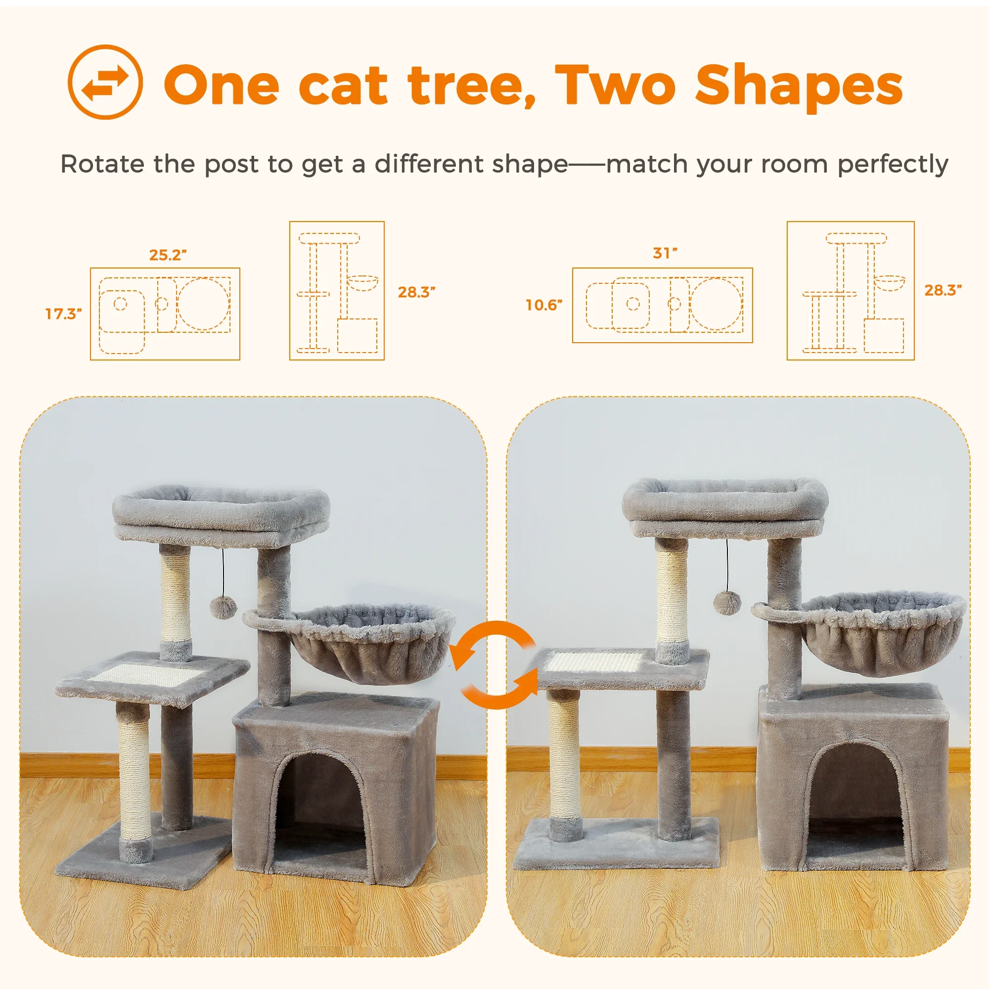 

Cat tree Tower for Indoor 2 Styles Activity Tree with Scratching Posts Big Hammock and Removable Top Perch Grey