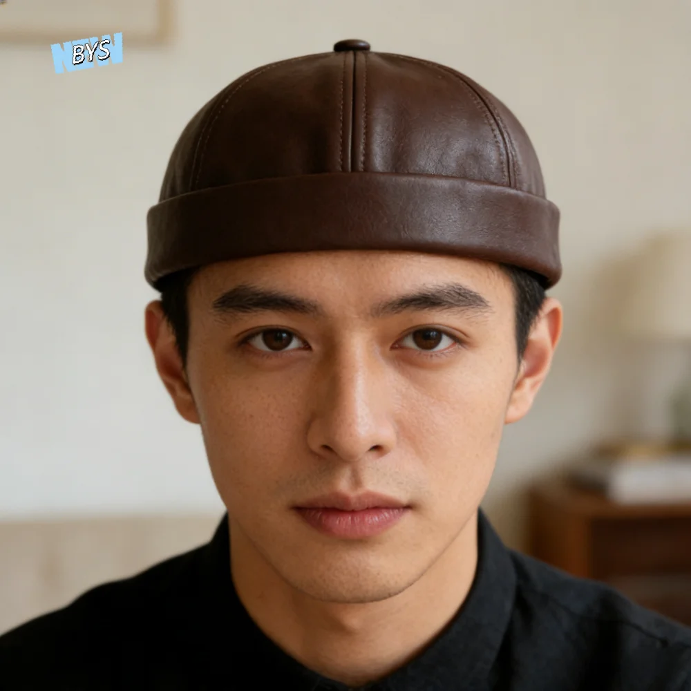 

Casual Leather Brimless Round Landlord Hat Solid Color Retro Melon Skin Hat Adjustable Vintage Trendy Cap Winter