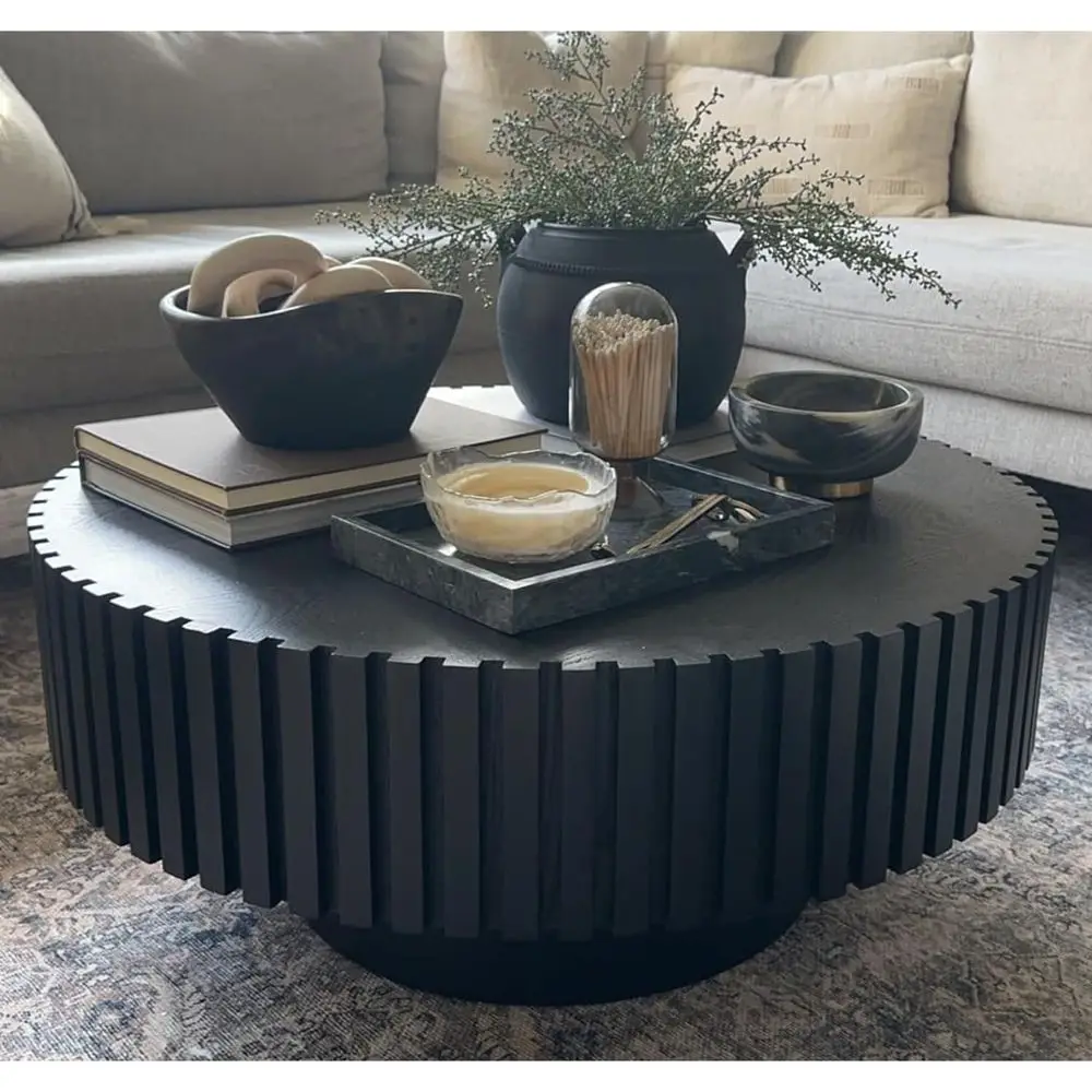 

Contemporary Black Round Wooden Coffee Table for Living Room, 31.49 Diameter, 13.77 High, Easy Assembly