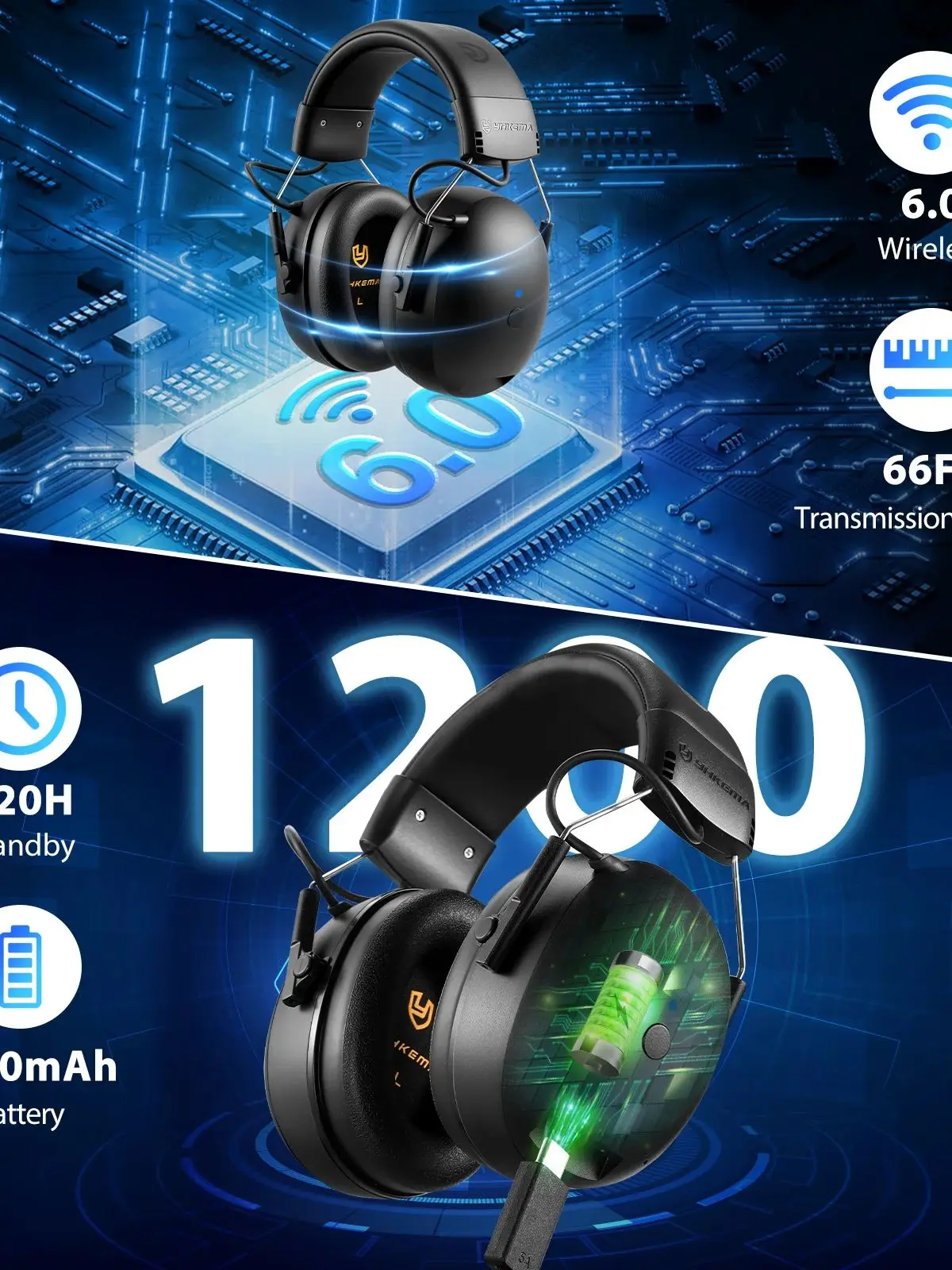 YHKEMA Elektronischer Kopfhörer 6.0 Bluetooth-Gehörschutz-Kopfhörer für Musik, Sicherheit, Lärmreduzierung, Aufladen