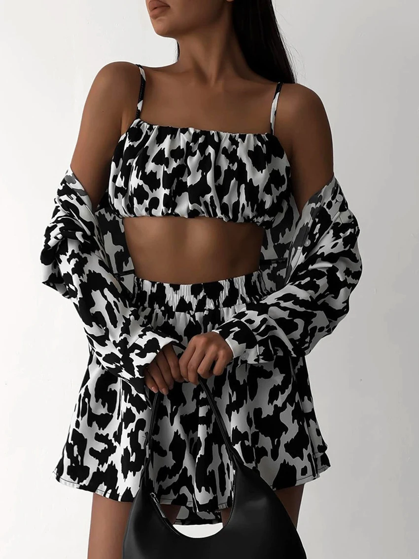 

Marthaqiqi Leopard Print Femme Pajama Set Tank Tops Nightie Long Sleeve Pijama Turn-Down Collar Robe Shorts Pyjamas 3 Piece Suit