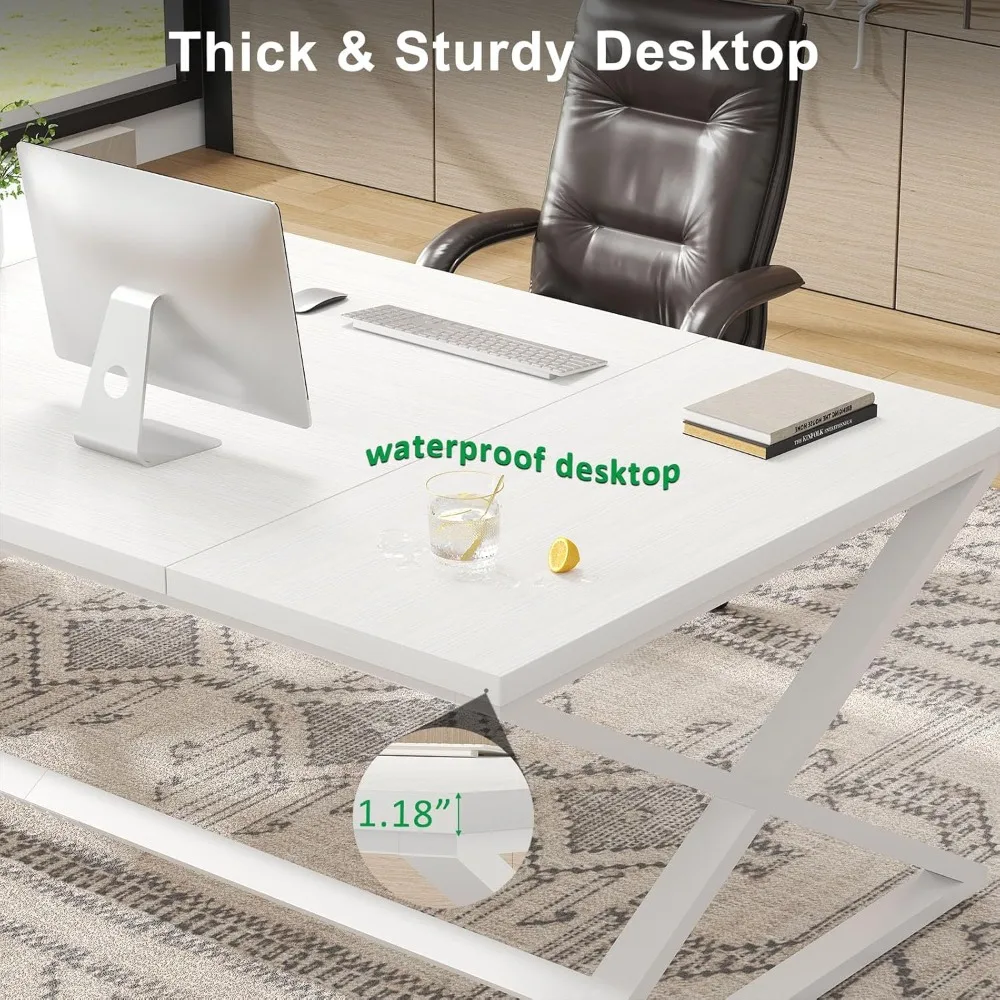 مكتب كمبيوتر أبيض كبير حديث للمكتب المنزلي، تصميم خشبي ومعادن، مناسب لإعدادات الشاشات المزدوجة #4