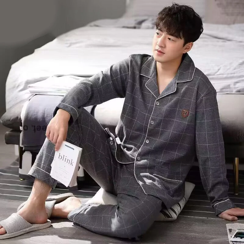 Cotton Men Pajamas Set of Autumn Winter Long-Sleeved Cardigan Plus Size Men Models of Home Clothing Plaid Sleepwear 2PCS/Set