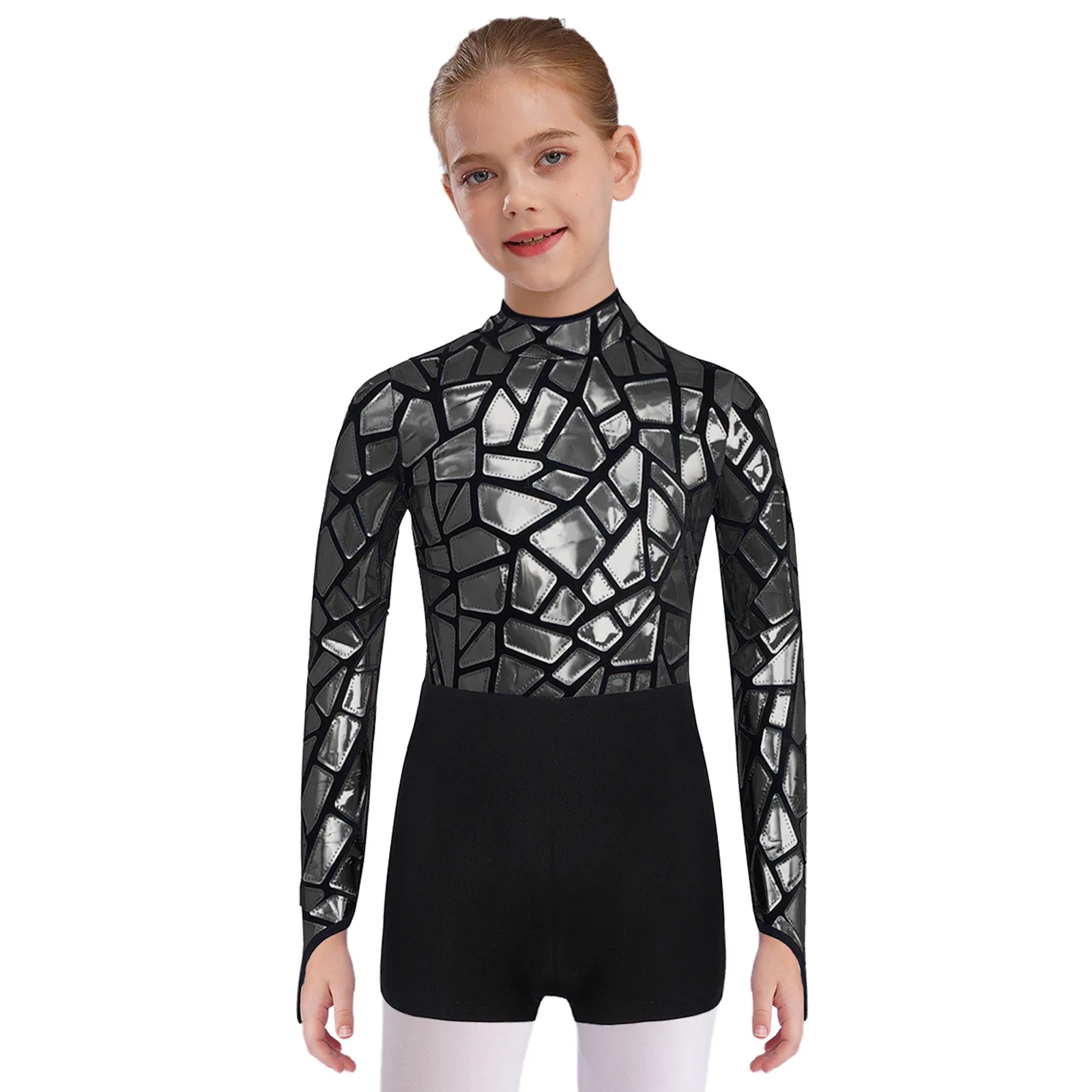 

Kids Girls Metallic Sequins Jazz Disco Dance Jumpsuit Mock Neck Long Sleeve Keyhole Back Leotard for Performance Competition