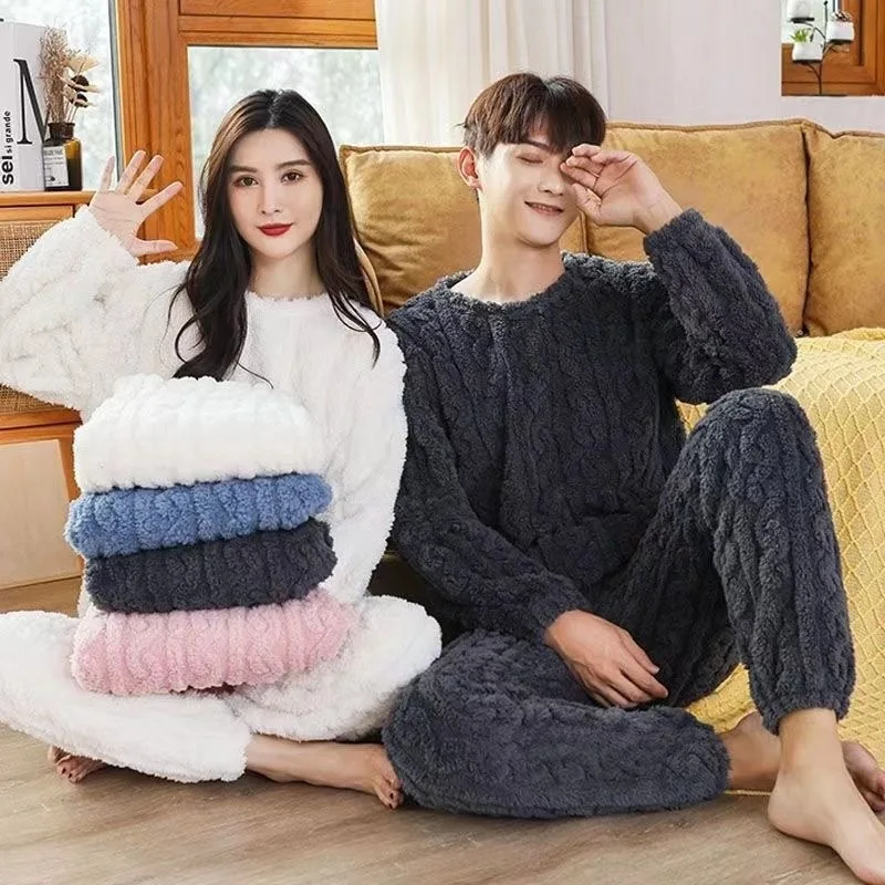 Autumn Winter Warm Flannel Fleecing Women Pyjamas Sets Thick Coral Velvet Long Sleeve Cartoon Sleepwear Thin Flannel Pajamas Set