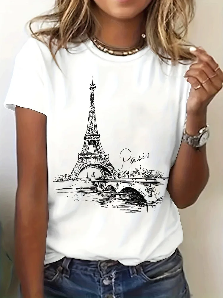 Paris Eiffel Tower Women's T-Shirt French Travel-Inspired Round-Neck Short-Sleeve T-Shirt with Iconic Print Trendy Shirt