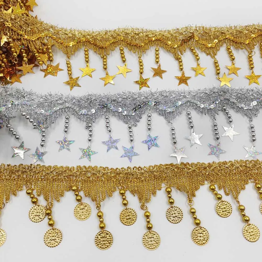 9yard Braided Gold Silver Lace Fringe Sequins Paillette Tassel Ribbon Stage Performance Suits Wedding Dress Sewing Fabric Decors