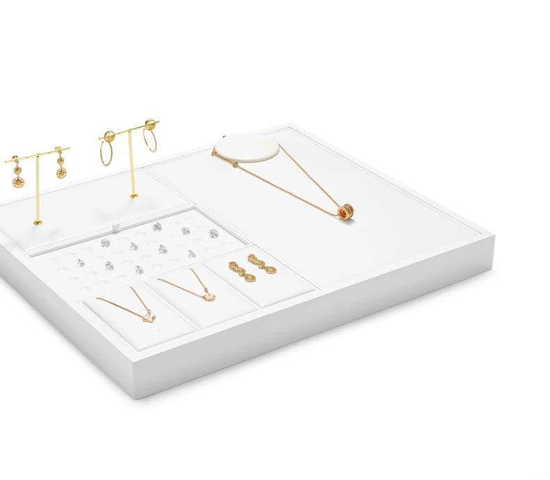 Oirlv Weißes Schmuck-Display-Tablett für Ringe, Ohrringe, Leder-Schmuck-Tabletts, Präsentationstabletts für Armreifen, Armbänder und Halsketten – Detail 11