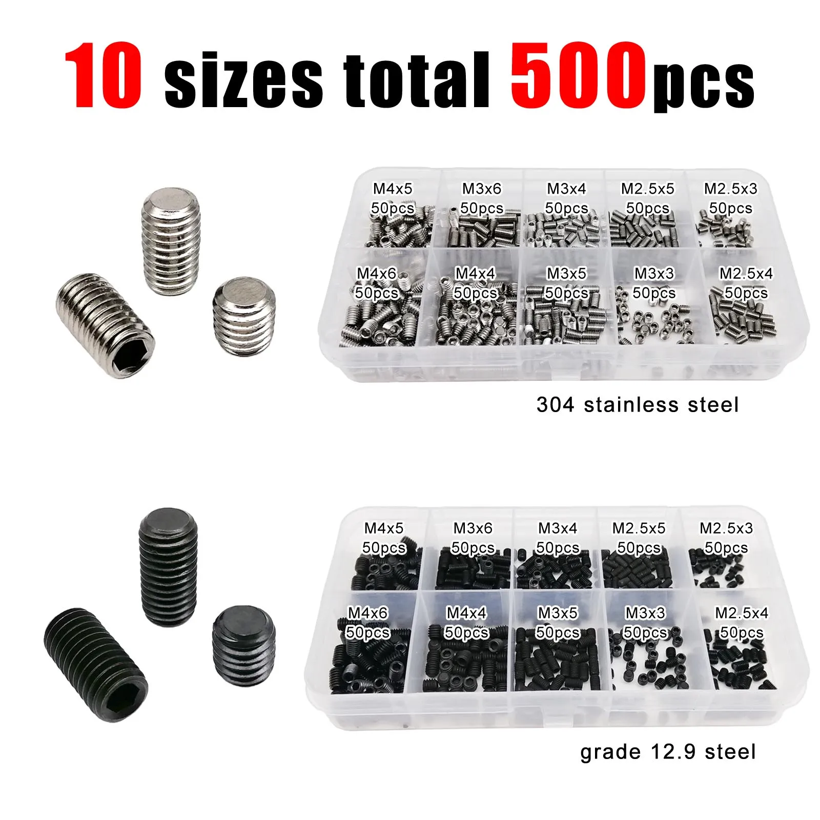 500pcs DIN913 Hex Hexagon Socket Allen Flat Point Set Screw Grub Bolt M2.5 M3 M4 304 A2 Stainless Steel Grade 12.9 Steel Kit Box