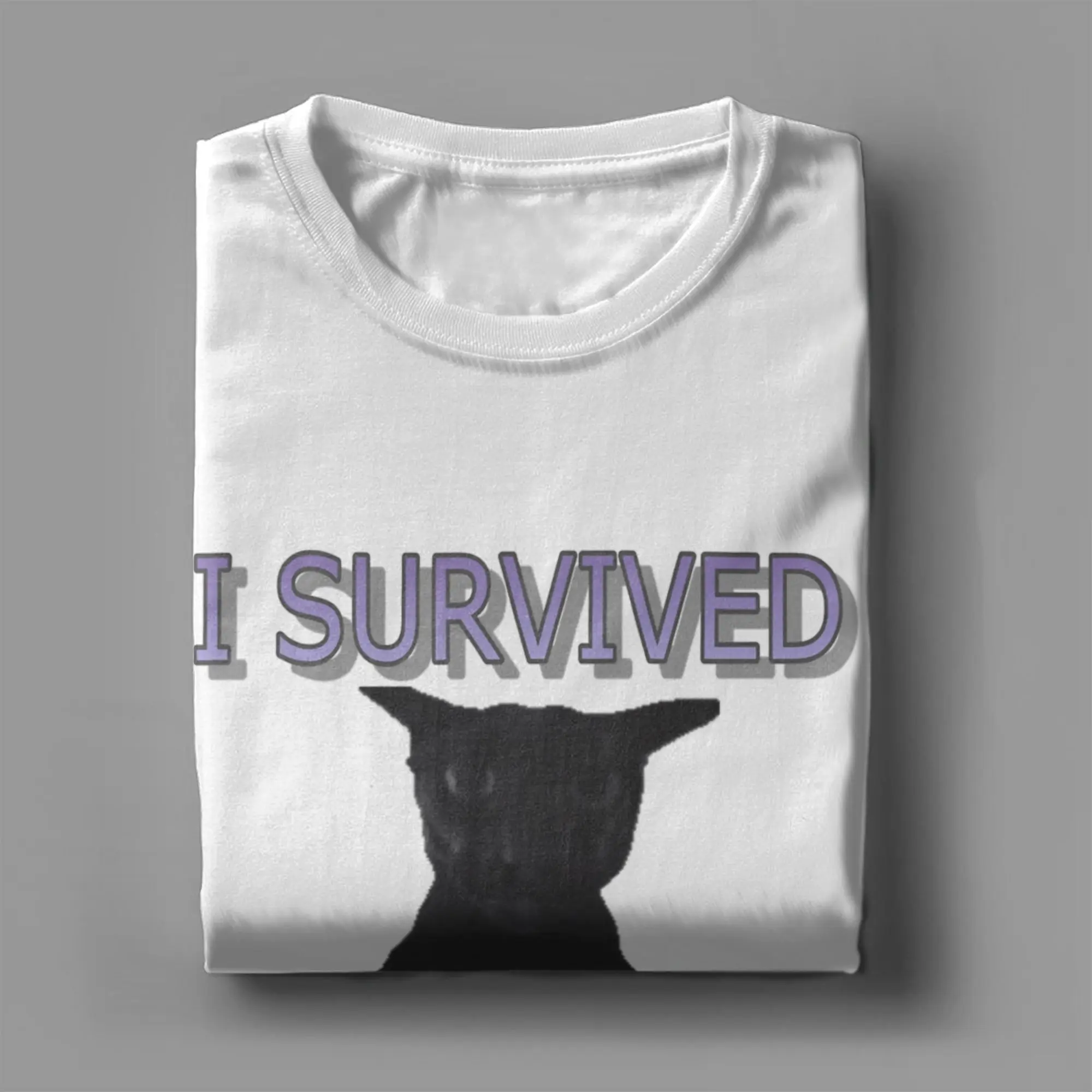 I survived Larry cat meme T-Shirts Men  Creative Cotton Tees Crew Neck Short Sleeve T Shirt Gift Idea Tops