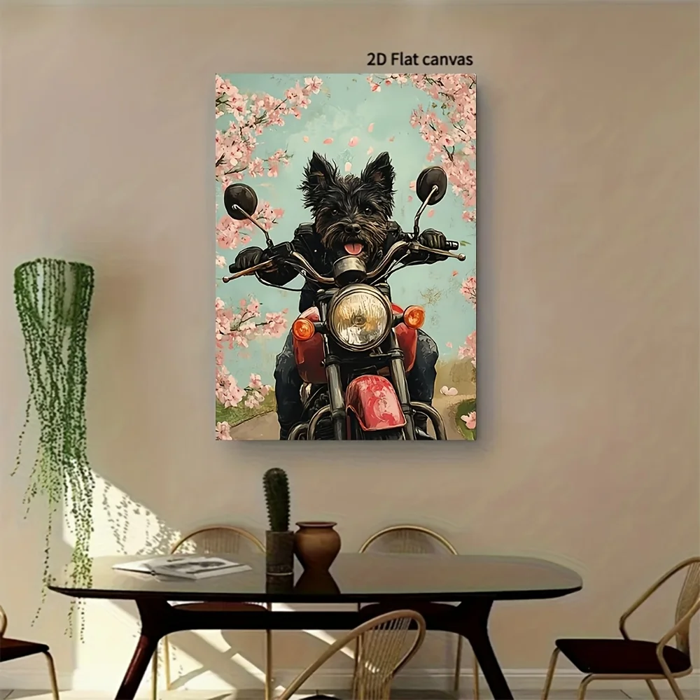 (No frame)2D Flat, 1pc Framed Picture, Playful Art of a Black Dog Riding Motorcycle Under Cherry Blossoms, Art Wall Decor, Fu