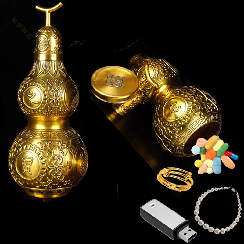 Chinese Good Luck Brass Gourd Wealth Natural Feng Shui Ornament  Sight Secret Safe Storage Holder Box Money Hidden Hu Lu Cucurbi