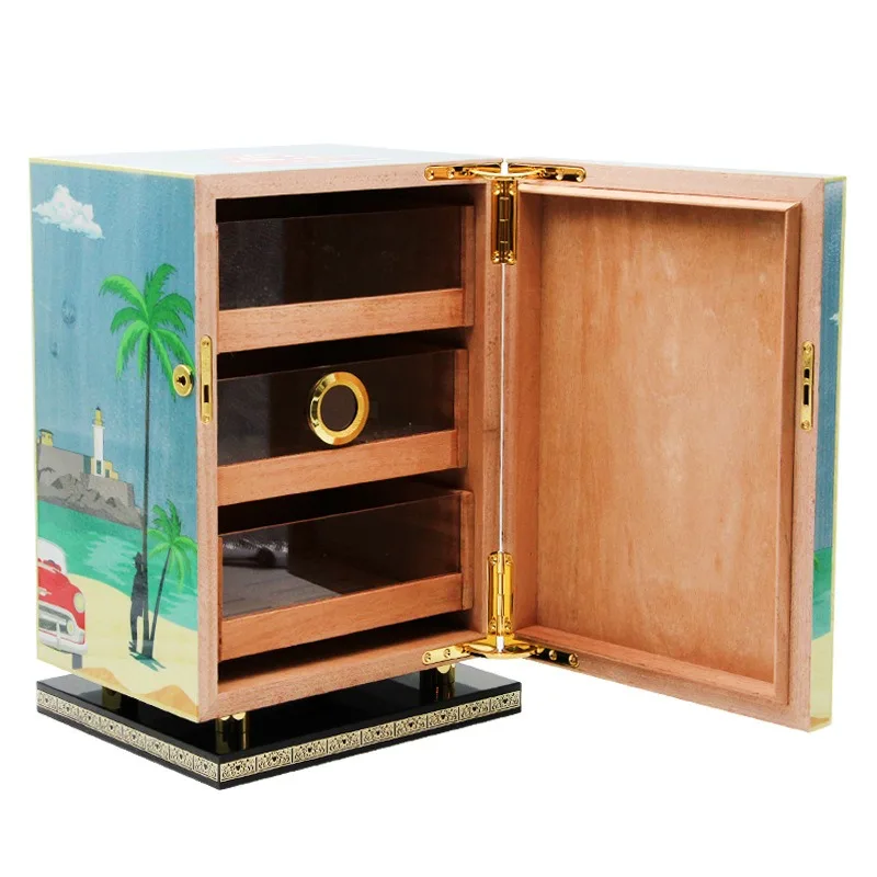 Three-layer cigar cabinet, cedar wood piano lacquered base European style with lock humidor