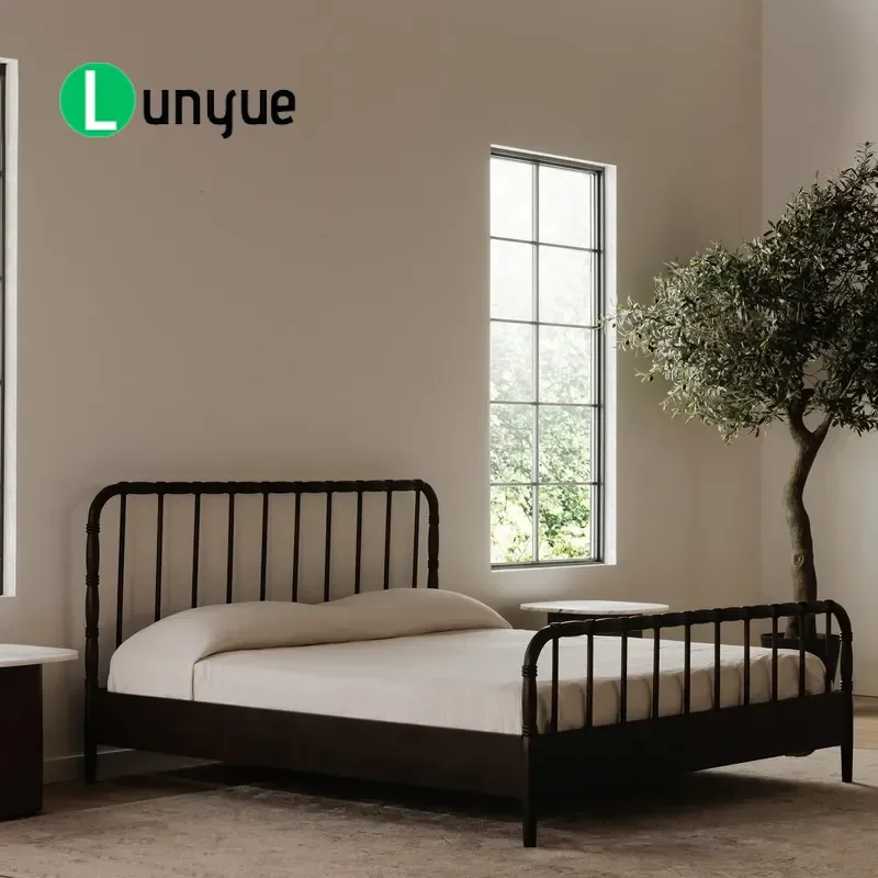 Dark Brown American Country Style Column Bed Simple Solid Wood Double Bed for Master Bedroom Sturdy Frame Classic Design