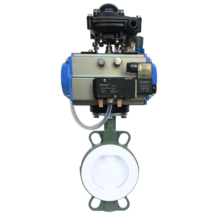 DN150 DN80 PN16 3 inch PTFE Seat Wafer Type Pneumatic Butterfly Valve Control actuator double acting spring return