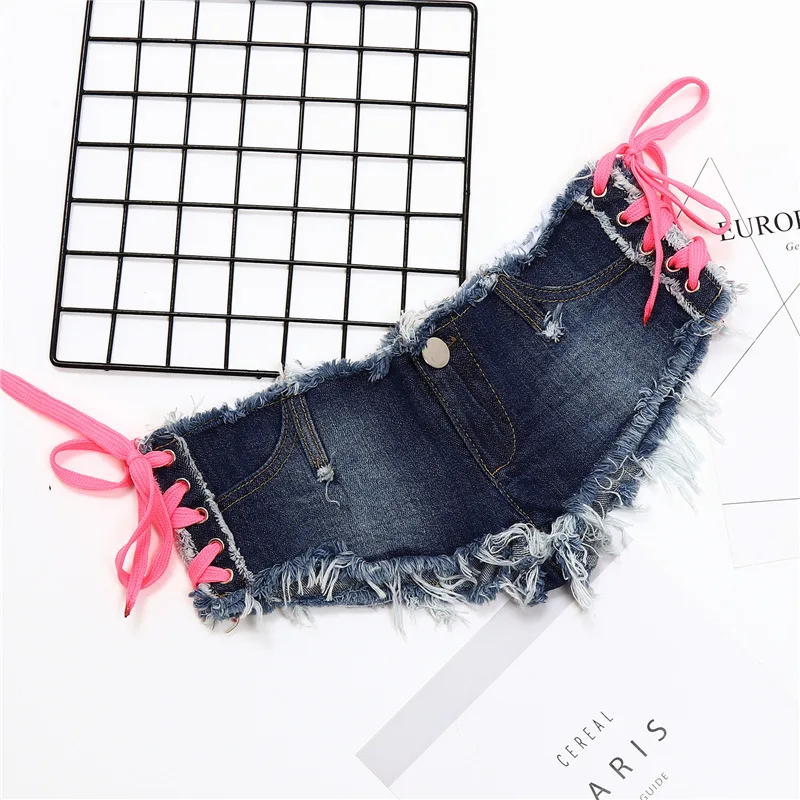 New Sexy Super Low Waist Denim Shorts Side Split Color Straps Nightclub Super Shorts Women