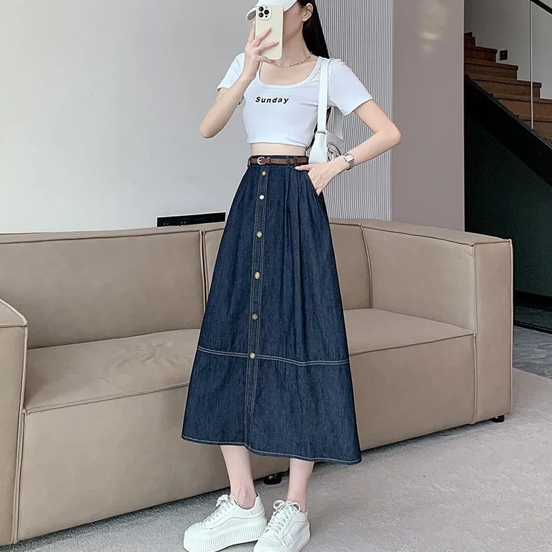 Maxi Long Skirts Women Summer Casual High Waisted Jean Skirt Ladies Splicing A-Line Ruffle Denim Skirt Plus Size 3XL NS5894