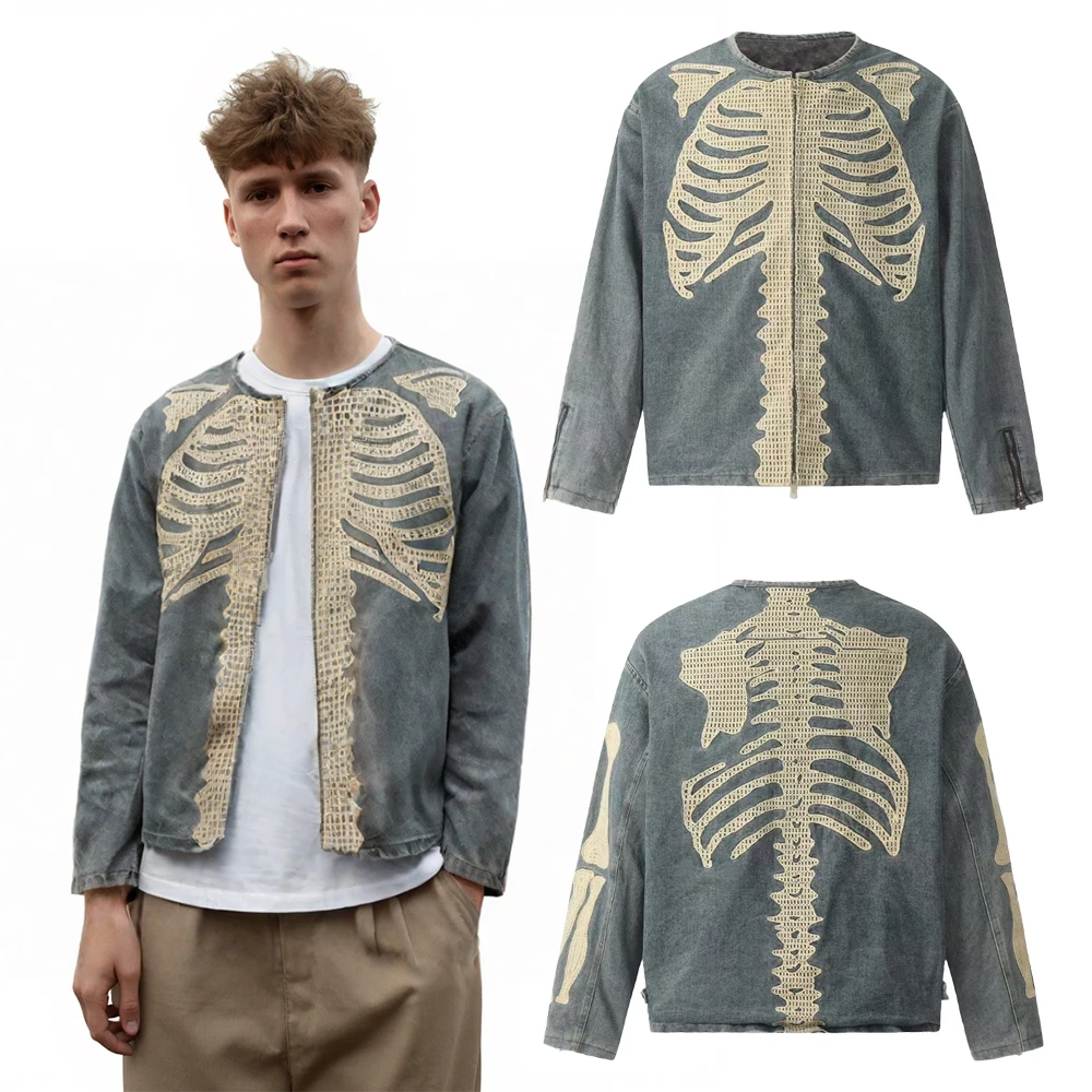 

Winter Clothing Men's Skulls Embroidery Denim Zipper Jackets Streetwear Hip Hop Street Style Casual Retro Distressed Denim Coats