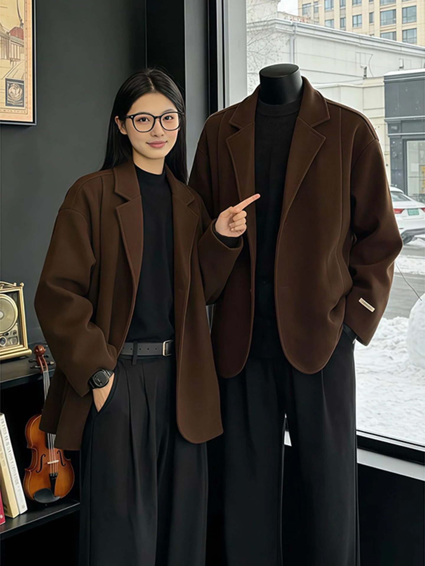 

Men's Brown Woolen Suit Jaet Winter Thiened Cotton Lined Casual ort Sle Briti Sle Polyester Fiber Warm Coat