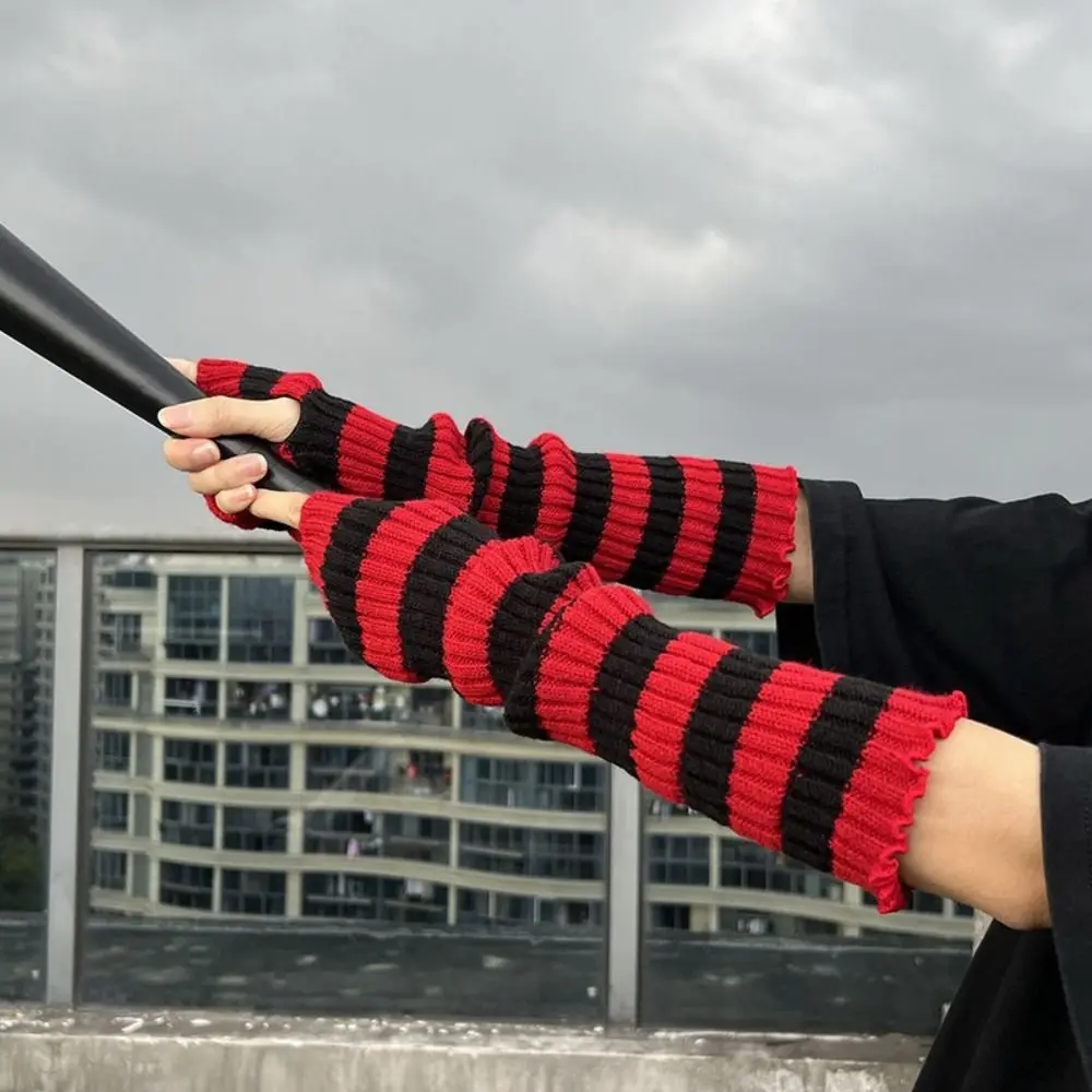 Arm Cover Y2K Striped Knitted Arm Sleeves Long Warm Long Fingerless Gloves Mittens Korean Arm Warm Gloves Halloween