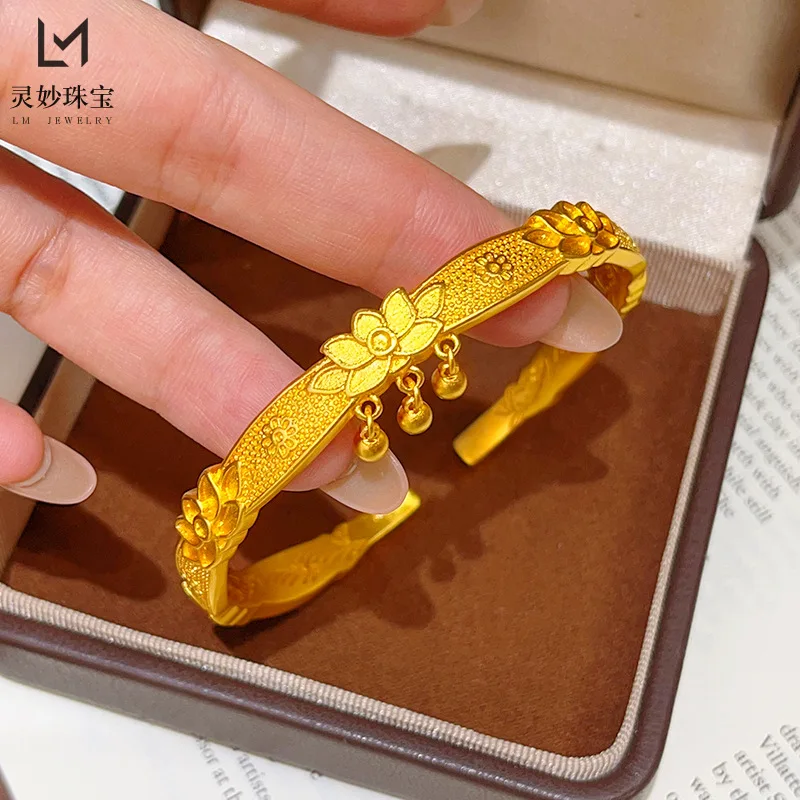 

New Chinese style 24K real gold engraved lotus bell bracelet 9999 solid lotus opening bracelet fashionable gift for girlfriend