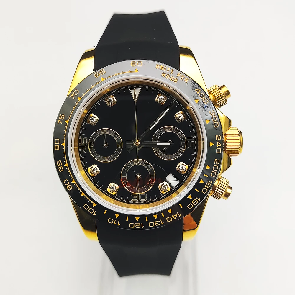 Luxury eight diamonds three eyes chronograph panda sterile dial gold plated quartz watch VK63 caliber sapphire glass men\'s watch