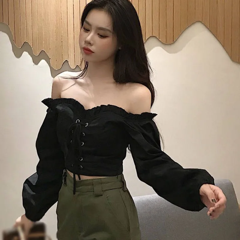 Retro Off Shoulder Lace Up Blouse Women High Waist T Shirts Drawstring Design Bubble Long Sleeve Crop Top Sweet And Spicy