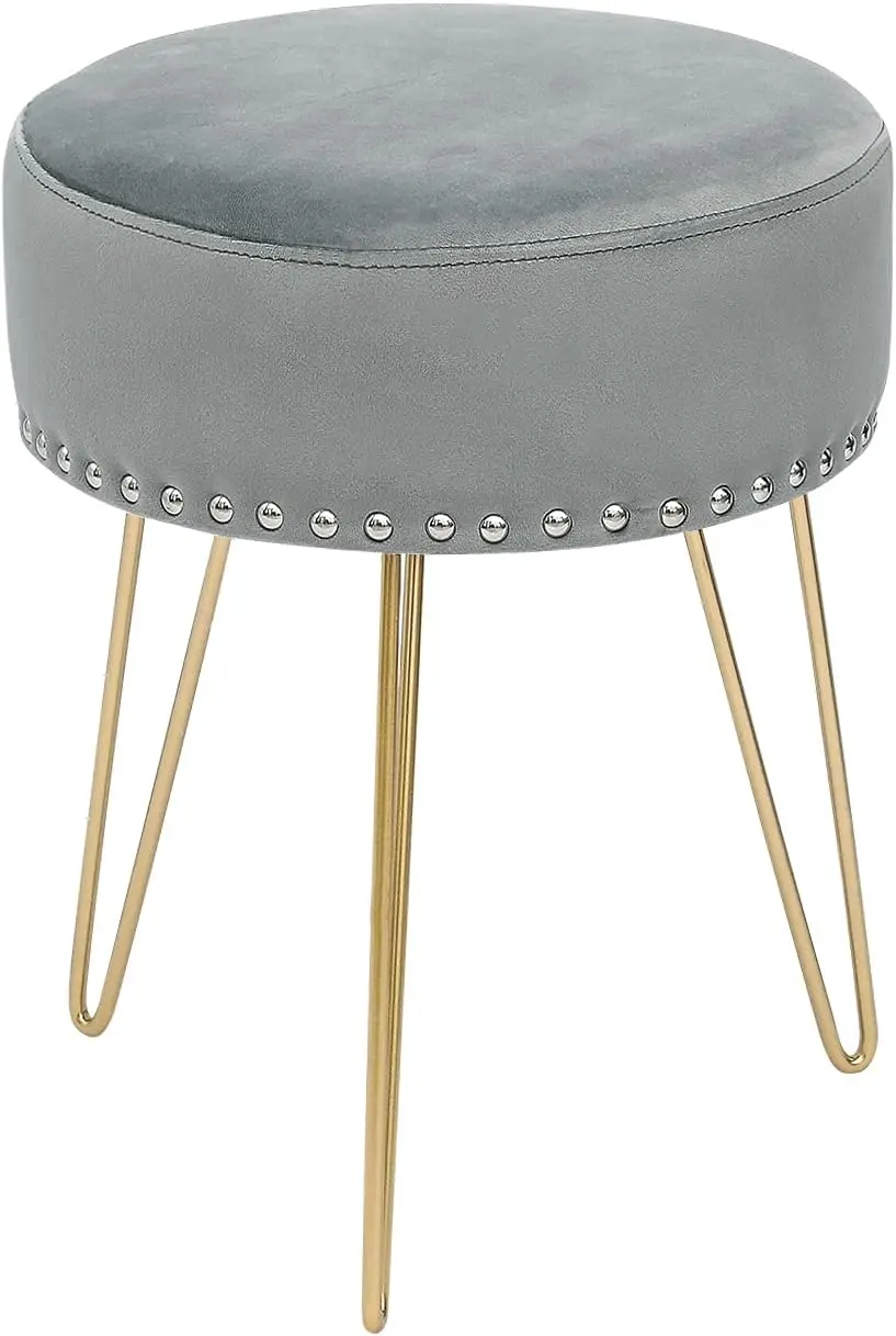 

Round Grey Vanity Stool Chair, Upholstered Makeup Foot Stool Rest Ottoman With Gold Metal Legs For Makeup Room, Living Room