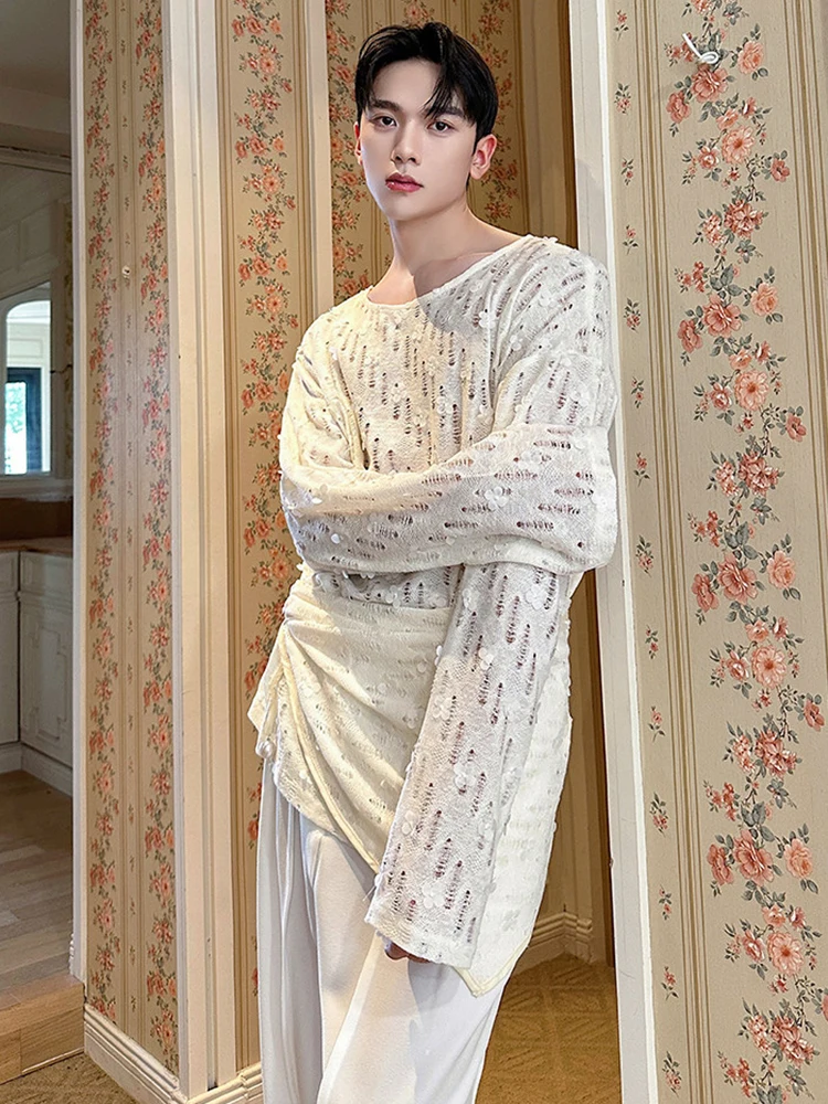 LUZHEN 2026 New Original Broken Hole Wornout Design Loose Elegant Long Sleeve T-shirts Men's Handsome Shawl Decorate Tops JY9208