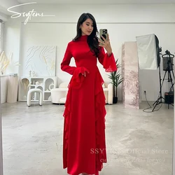 SSYTENS Red Muslim Prom Dresses High Neck Long Sleeves Ruched Formal Evening Gown Elegant Saudi Women Wedding Guest Party Dress