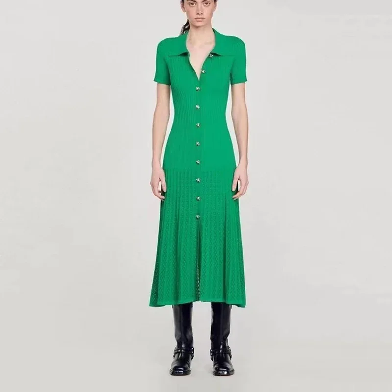 2024French Fashion Spring New Dopamine Green Long Knit Dresses Polo Short Sleeve Flared Long High Quality Women\'s Long Dress Y2k