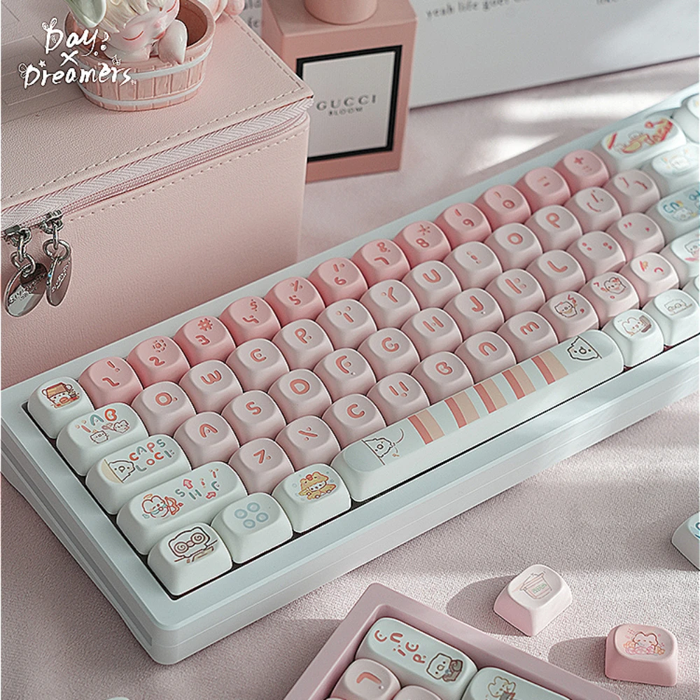 Teclado mecânico sublimado personalizado, linda aliança Keycap, Moa PBT, rosa DIY, desenhos animados brancos Keycaps, 145-chaves