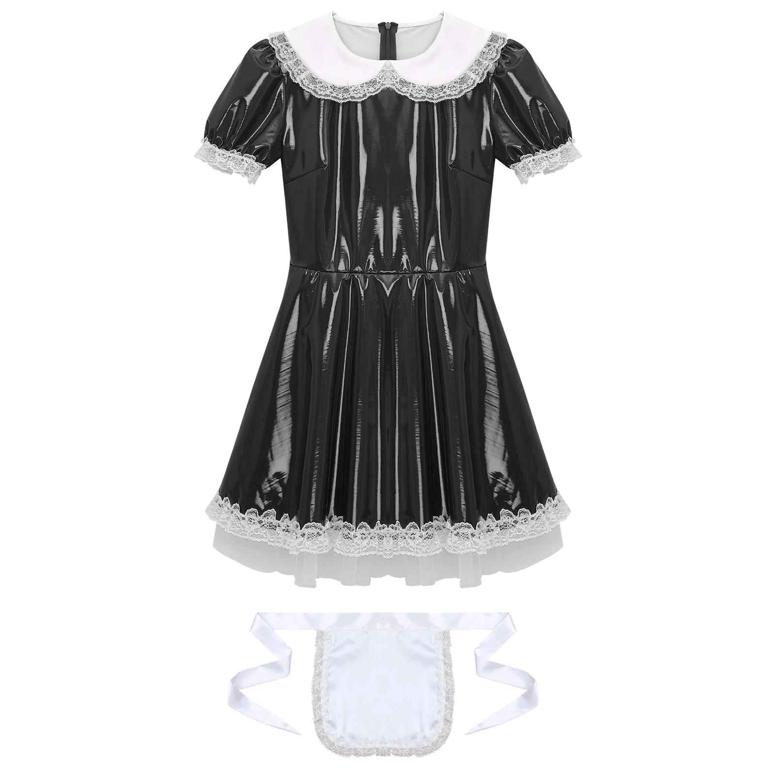 Womens Wet Look Patent Leather Short Puff Sleeve Maid Dress with Apron Set Adult Halloween Cosplay Party Fancy Dress Outfits