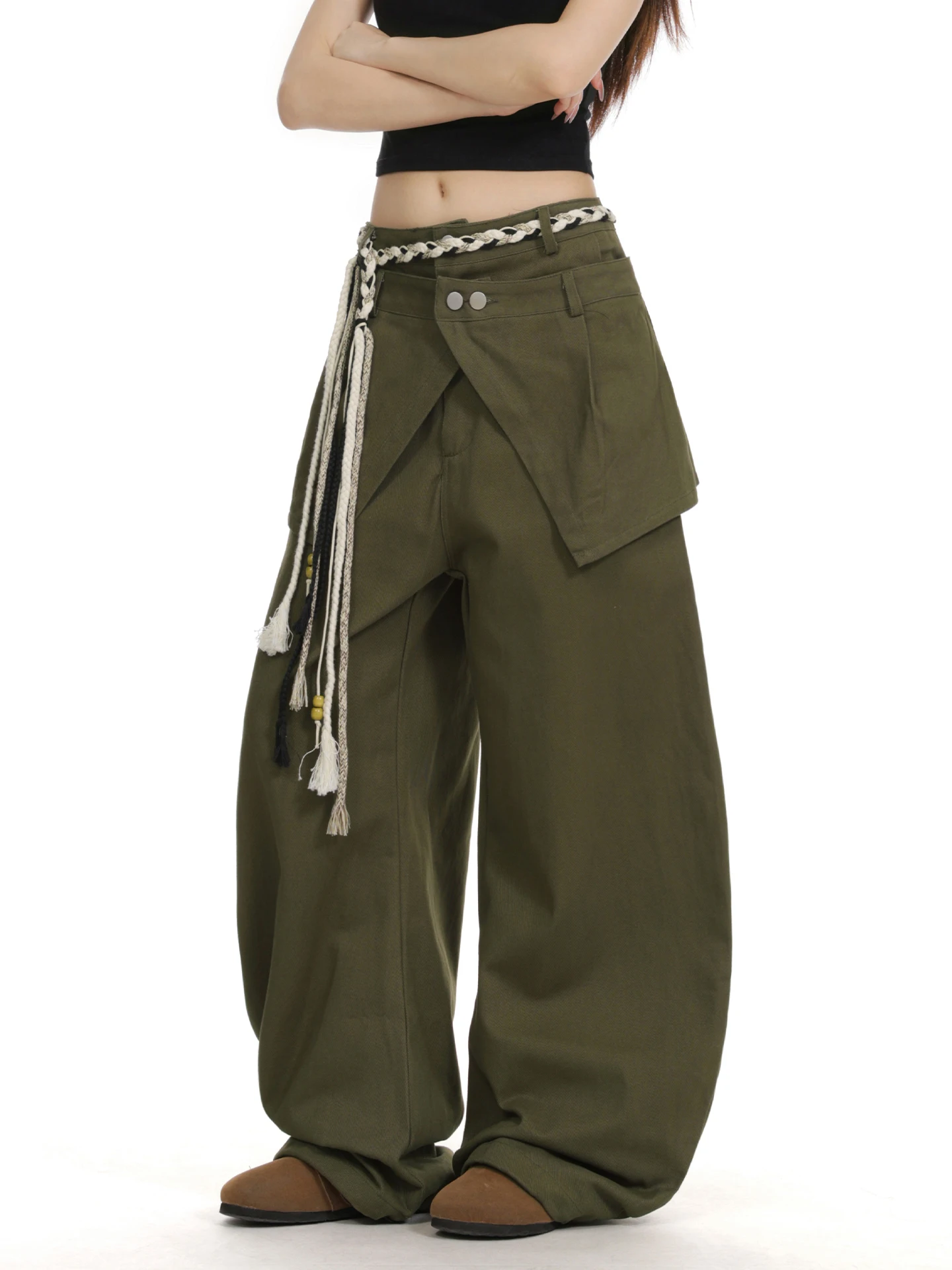 الأمريكية الرجعية نسج حزام الخصر سكين العمل بنطلون المرأة فضفاضة سليم واسعة الساق سراويل تقليدية عادية Sle l الخصر #3