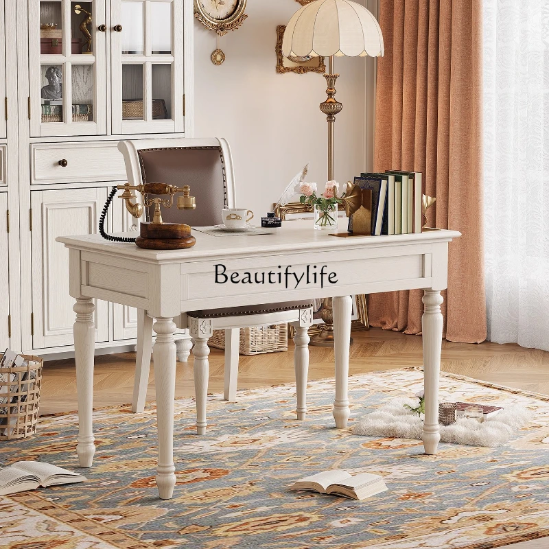 

American-style White Solid Wood Desk and Chair Set for Home Study, Rectangular Writing Computer Desk