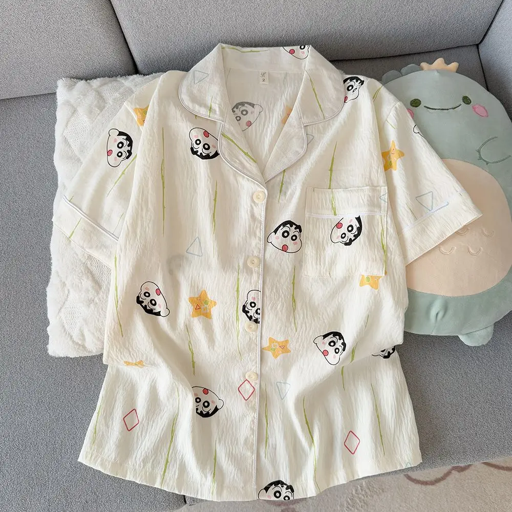2026 Summer Women Crayon Shin-Chan Sleepwear Set Cute Cartoon Pajamas Anime Short-Sleeved Tops and Shorts Loungewear for Girls