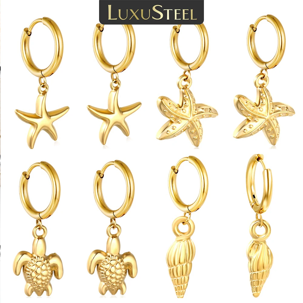 LUXUSTEEL Sea Star Conch Drop Earring for Women Lady Stainless Steel Sea Turtle Female Hoop Earrings Jewelry Party Gifts