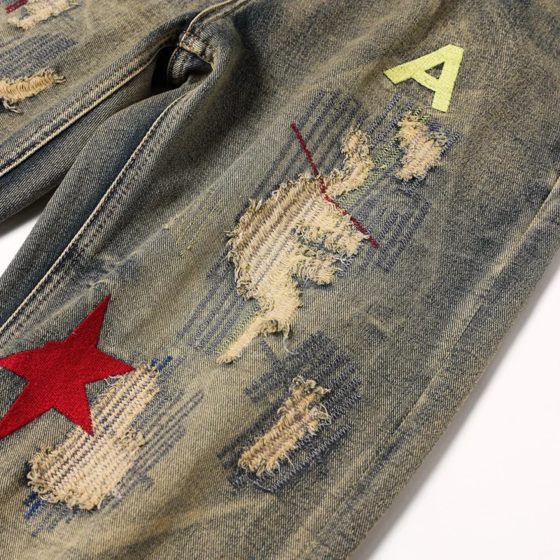 Ripped Jeans Men's American High Street Retro Washed Distressed Trousers 2024 New Pu Shuai Special Color Denim Pants