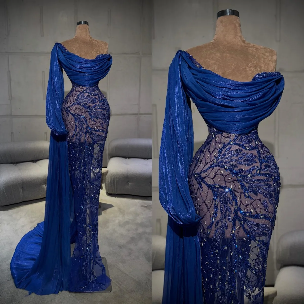 Gorgeous See Through Evening Dresses Strapless Handmade Beaded Crystal Formal Prom Dress Customized Sweep Train Celebrity Gowns