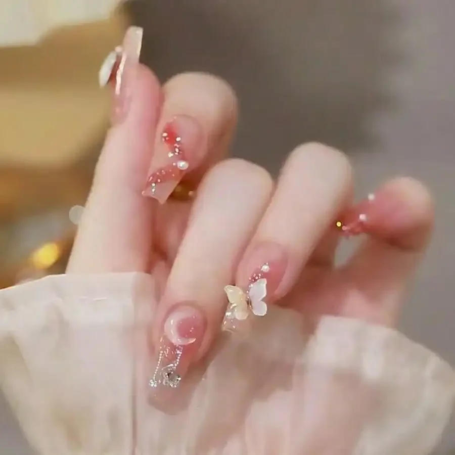 

24Pcs Y2K Blush Ombre Butterfly Press On Nails, 3D Rhinestone, Jelly Glue & Nail File, Reusable For Daily Party Dates