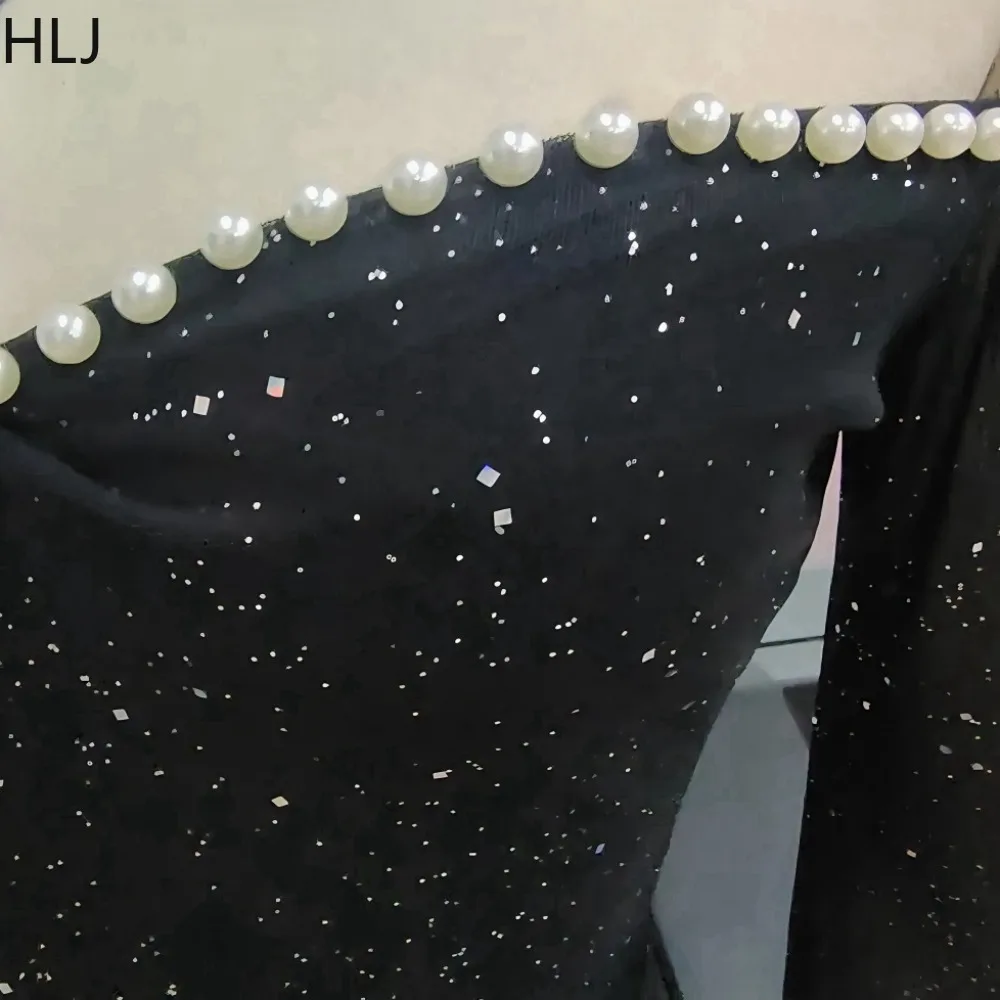 HLJ Sexy Pearl Patchwork Mini Dress Women Mesh Off Showlder Long Sleeves Sequin Bodycon Dresses Female Clubwear Vestidos New