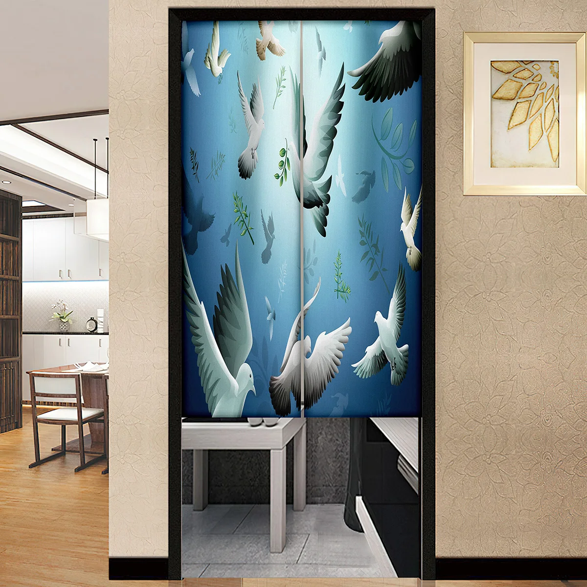 Pigeons Birds Flight Art Japanese Door Curtain Household Kitchen Partition Noren Drapes Restaurant Entrance Hanging Half-Curtain