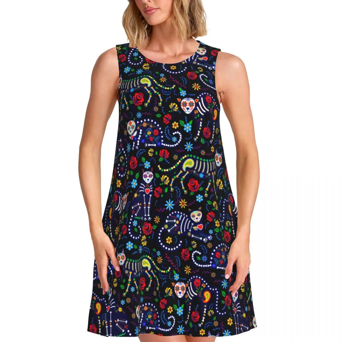 Vintage Halloween Casual Dress Calaveras Cats Day of the Dead Art Sleeveless Sexy Dresses Womens Round Neck Street Wear Dress