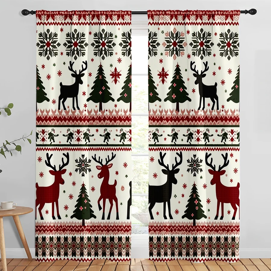 2PCS Digital Print Curtains, Nordic Fair Isle Knit Pattern Reindeer Christmas Trees Snowflakes Red Black, Cozy Sweater Style - C